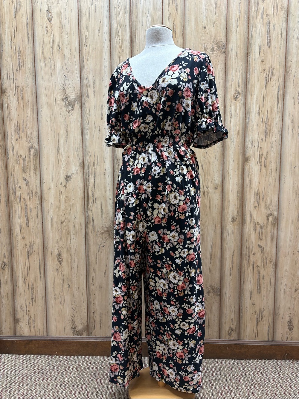 Black Floral V-Neck Wide-Leg Jumpsuit